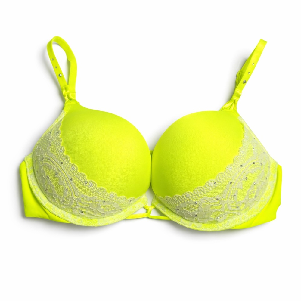 Victoria's Secret Miraculous Neon Yellow Lace Bra Push Up Bra 36B Neon Feminine